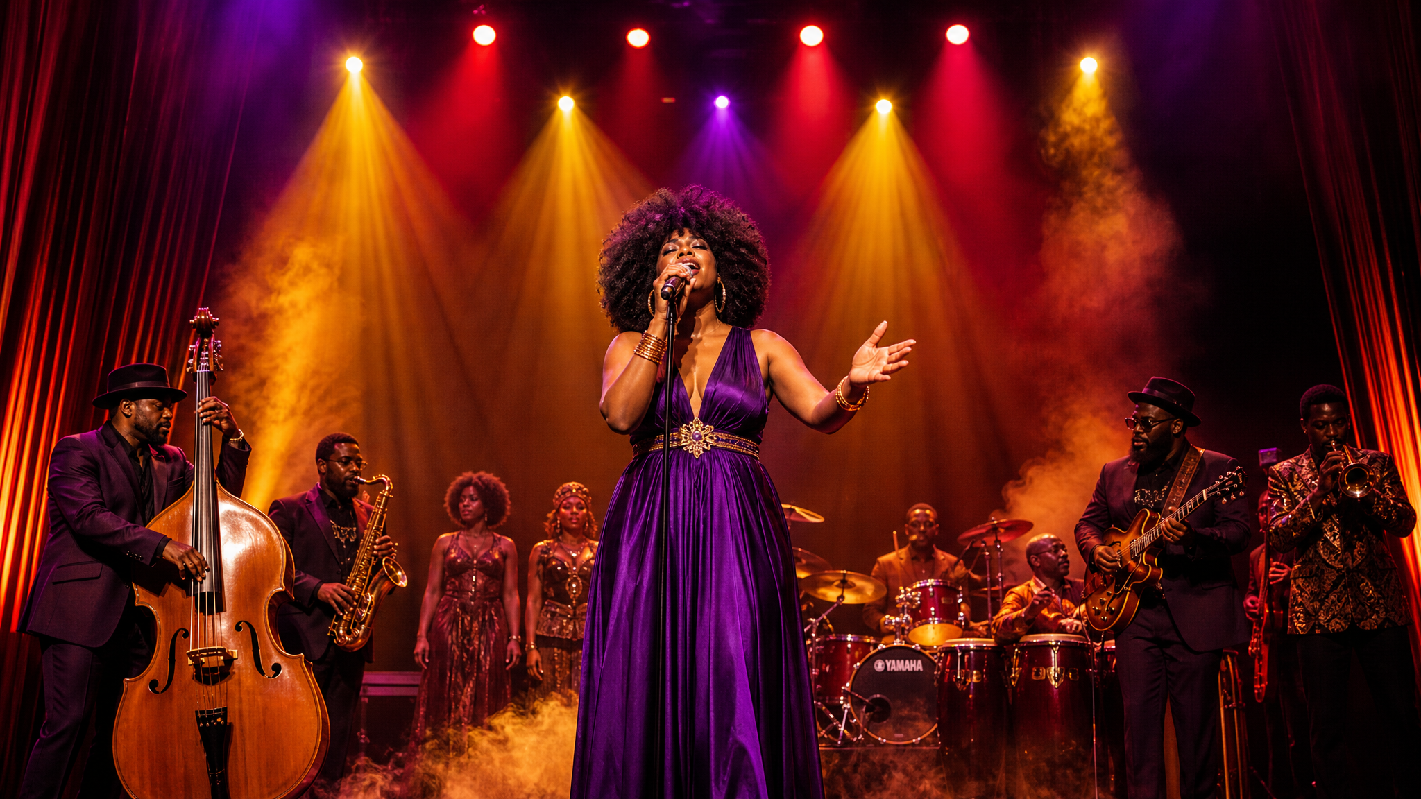 Black performers on stage with dramatic jewel-tone lighting